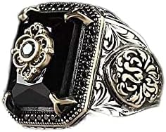 Vintage Sterling Silver Men's Engagement Ring, Black Obsidian Emerald Cut, Size 7, Green Cubic Zirconia Square Design for Him