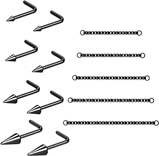 20G Spike Nose Ring Studs with Chains, Stainless Steel L-Shaped Piercing Jewelry featuring Zircon Gemstones in Black, Silver and Gold