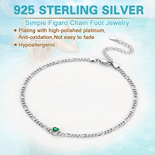 SILVERCUTE Figaro Anklets for Women, Sterling Silver Diamond Cut 3mm Link Chain Ankle Bracelet with Heart/Round Birthstone, Length 8.5"-10.5"