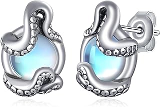Sterling Silver Screw-Back Moonstone Octopus Stud Earrings for Women - Unique Ocean Themed Jewelry