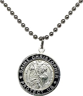 St. Christopher Surf Necklace, Large Pendant, Silvertone Color with Black Rim, 23 Inch Long Ball Chain