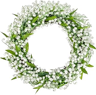 Briful Spring Wreaths for Front Door, 16 Inch Artificial Lily of The Valley Flower Wreath for Door Wall Mantle Window Outdoor Porch Farmhouse Home Decor