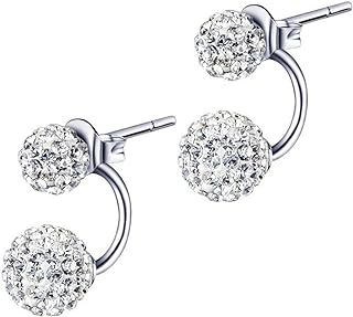 Generic 925 Sterling Silver Double Ball Earrings 1 Pair Chic Round Rhinestones Crystal Ear Studs Front Back 2 in 1 Diamond Earing Jewelrie Shiny Glittering Women Ear Ornament Piercing Retainers