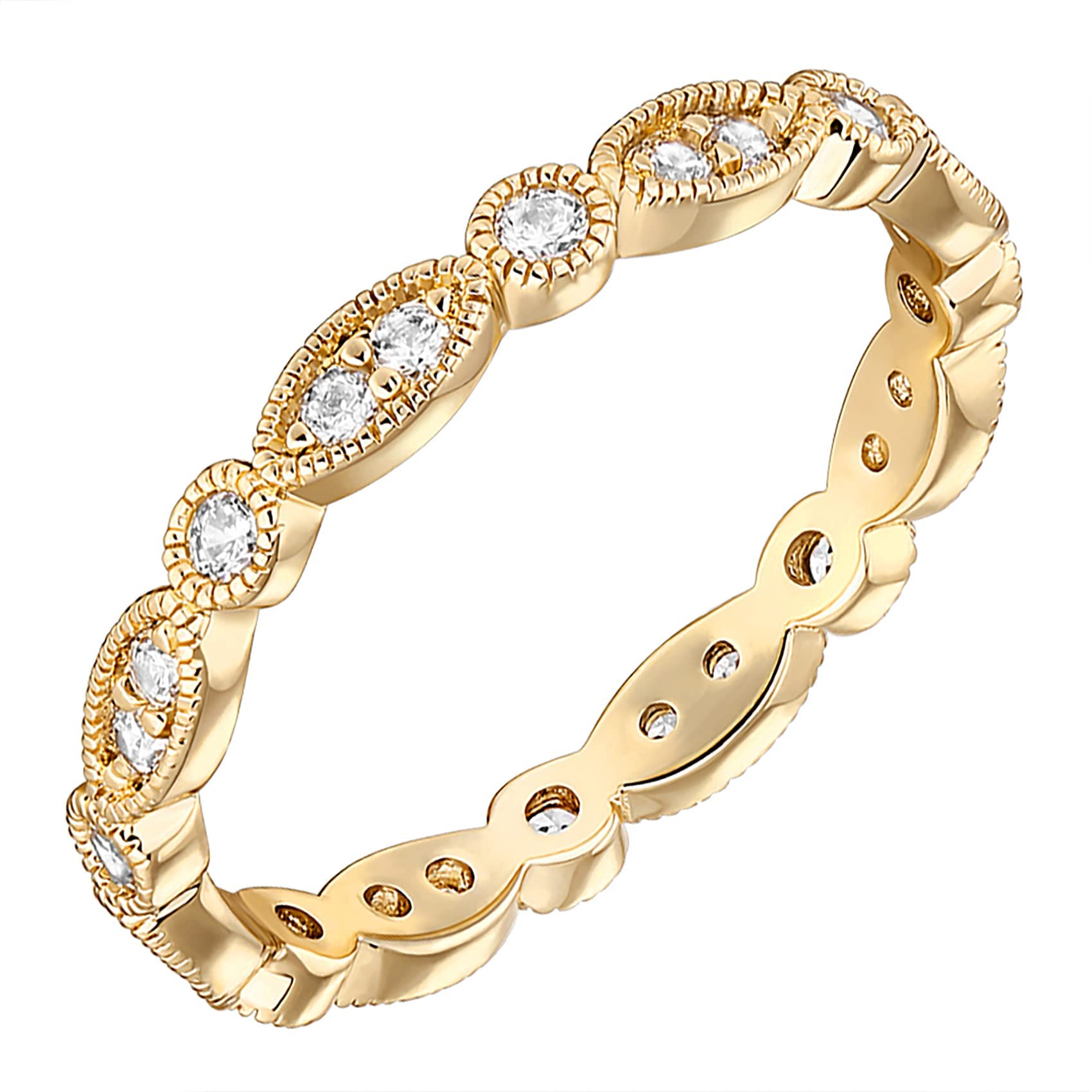 PAVOI 14K Gold Plated Cubic Zirconia Band | Round Milgrain Eternity Bands | Gold Rings for Women