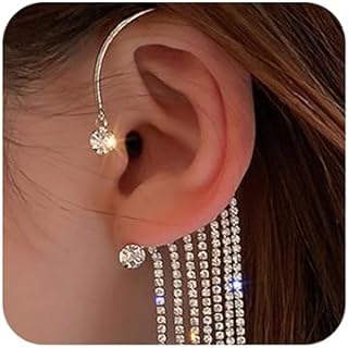 Missgrace Silver Tassel Ear Cuff Earrings with Rhinestones - Women's Stylish Punk Hip Hop Climber Ear Wrap Statement Jewelry
