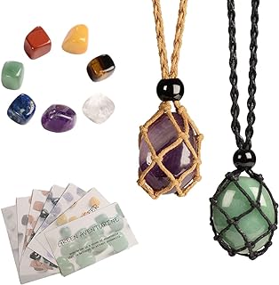 Chakra Natural Gemstone Crystal with 2PCS Empty Necklace Holder Necklace Cord Stone Holder Pendant Stone Holder Replacement Hand-Woven Necklace Cord with Adjustable Length
