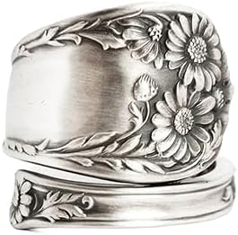 Vintage Rose Flower Cluster Engagement Ring, Adjustable Stainless Steel Daisy Wrap Band Ring with Bohemian Embossed Design, Ideal for Brides, Weddings, Parties