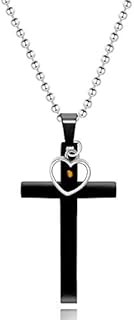 Uloveido Black Crystal Cross Necklace in Stainless Steel with Mustard Seed Heart Pendant for Men & Women - with Lobster Clasp