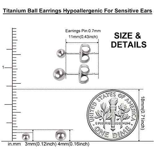 Ball Stud Titanium Earrings,Hypoallergenic for Women Girls High Polished Colored for Sensitive Ears, 3mm and 4mm Pure Titanium Nickel-Free Lead-Free