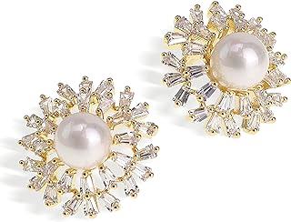 JeanBeau Cubic Zirconia and Pearl Cluster Stud Earrings in Stainless Steel with Latch Back Design, Perfect for Women and Girls - Radiant Snowflake Style Fashion Jewelry for Prom, Wedding, Holiday