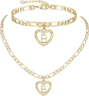 YANODA Gold Initial Pendant Necklace Anklet Bracelet for Women 14K Gold Plated Figaro Chain Letter Initial Heart Necklace Anklets Alphabet Foot Jewelry Personalized Gifts for Women Girls