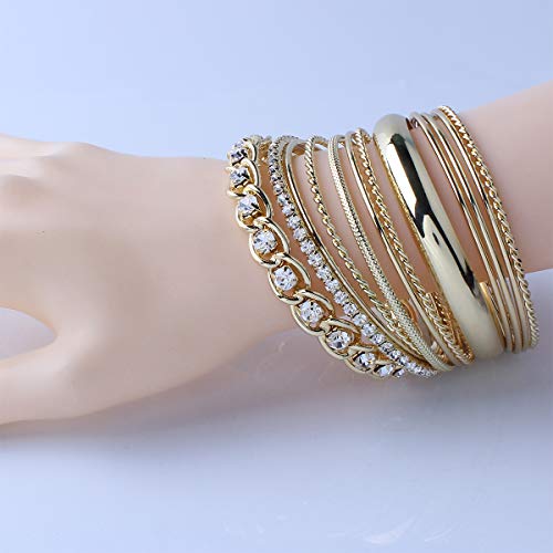 Twisted Multiple Metal Bracelets & Bangles Set for Women 12Pcs/Set W/Clear Rhinestones