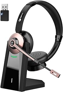 Earbay Kabelloses Büro-Headset mit Bluetooth und Rauschunterdrückung, USB-Dongle, Mikrofon-Stummschaltung und Ladestation. Ideal für Call Center und Meetings