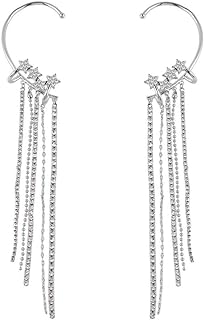 Clip-On Star Earrings with Cubic Zirconia Gems for Women and Girls - Dual-Star Design with Long Tassel Drop - Chic Y2K Boho Fringe Style - Perfect for Weddings, Parties, and Special Occasions