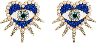 Women's Selenichast Pearl and Cubic Zirconia Evil Eye Stud Earrings with Push Back Design - A Lucky Symbolic Jewelry Gift