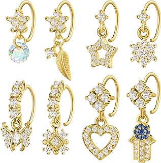 Landical 8 Pcs Dangle Nose Rings Hoop Gold Dangle Nose Ring Butterfly Star Heart Nose Ring with Charm Cartilage Earring for Women