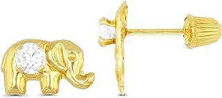 14K Yellow Gold Elephant Stud Earrings with AAA Cubic Zirconia Gems, Screw Back Design for Women and Girls - Multiple Designs Available