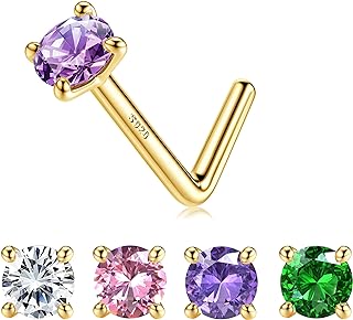 Dochais 14K Gold Filled Sterling Silver L Shaped Nose Rings 20G Nose Studs Clear Colorful Diamond CZ Nose Ring Studs Hypoallergenic Nose Piercings Birthstone Jewerly for Women Men Gold Silver
