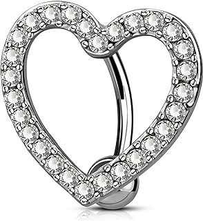 OUFER Titanium Belly Button Rings, Heart Shaped Reverse Belly Ring, Paved CZ Crystal Top-Down Belly Button Piercing, 14G Navel Rings for Women Men…