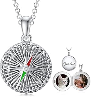Cubic Zirconia Embellished SOULMEET Compass Locket Necklace with Sterling Silver Rolo Chain, Lobster Clasp for Naval Students - Round, Nautical Design