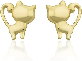 14K Solid Yellow Gold Small Polished Girls Kitty Cat Stud Earrings 2nd Piercing Studs for Women - 0.23in