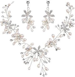 BriLove Women's Bohemian Boho Crystal Teardrop Freshwater Cultured Pearl Handmade Filigree Flower Choker Necklace Dangle Earrings Set