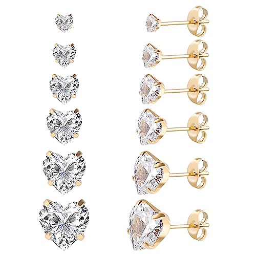6 Pairs Surgical Stainless Steel Screw back Stud Earrings, 18K Gold Plated Heart Star Square Princess Cut Round Cubic Zirconia CZ Stud Earrings Set