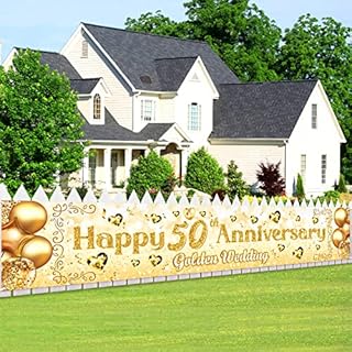 CASLON 50th Anniversary Gold Banner, Heart-shaped & Ring Design, Lightweight Polyester, Indoor-Outdoor Use, Perfect for Golden Wedding Celebration