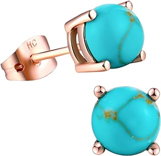 18K Rose Gold Push Back Turquoise Stud Earrings for Women & Girls, Round Simulated Birthstone Jewellery Gift