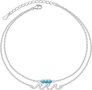 Yearace Anklet for Women 925 Sterling Silver Boho Synthetic Turquoise Beaded Layered Anklet Bracelet Foot Chain Summer Beach Jewelry Gift for Women Girls Friends, 9 10 inch