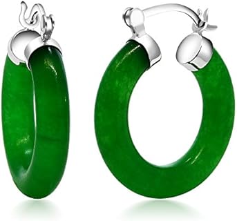 Sterling Silver Hinged Jade Hoop Earrings - Gem Stone King Vibrant Green, 0.5 Inch Solid Design for Elegant Women