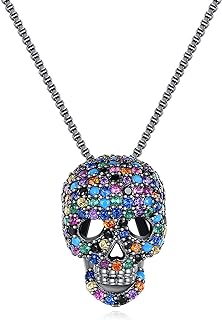Women's Intricate Gothic Gold Plated Skull Pendant Necklace with Multi-Color Cubic Zirconia and Round Clasp