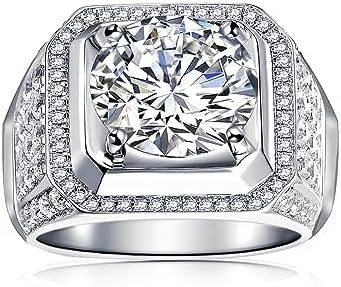 Men Moissanite Ring 2-5 Carats Solitaire Diamond Wedding Sterling Silver with 18K White Gold Plated D Color VVS1 Clarity Brilliant Round Cut Moissanite Engagement Anniversary Jewelry for Men Size 7-12