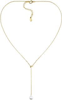Dainty Y-Shape Rolo Chain Choker with Single Natural Pearl - Adjustable, Brass, Ladies Drop-Dangle Design, Ideal for Wedding/Valentine/Mother's Day Gifts for Women