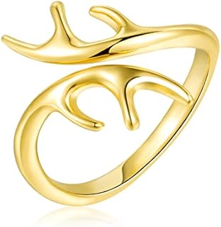Women's Adjustable Elk Antler Statement Ring in Gold/Silver Plated Brass for Nature Enthusiasts and Cowgirls, Sizes 6-11 Available