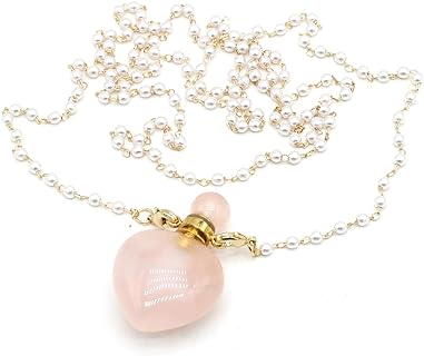 Natural Rose Quartz Perfume Bottle Pendant Necklace with Pearl Bead Chain for Women, Rectangle Heart Design - Accessory Gift for Jewelry Lovers