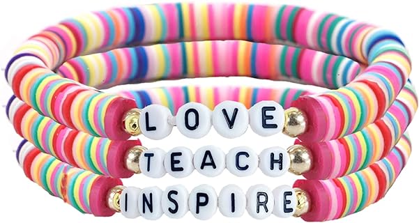 Teacher Appreciation Love Teach Inspire Clay Bead Bracelet with Lobster Claw Clasp and Bead Chain