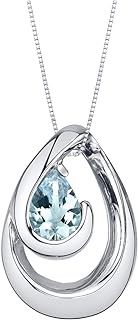 Peora Wave Design Sterling Silver Aquamarine Pendant Necklace with Spring Ring Clasp for Women, Pear Shape 7x5mm, Includes 18 inch Italian Chain