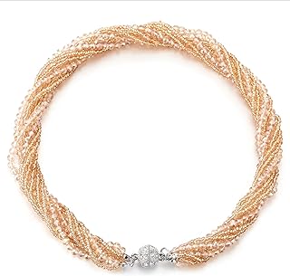 COOLSTEELANDBEYOND Champagne Gold Statement Necklace Multi-Layer Beads Crystal Braided Chain Choker Collar Magnetic Clasp