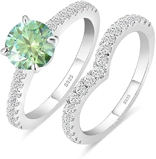 Women's 2ct Green Moissanite Solitaire Engagement Ring Set with Round-Cut Centerpiece and 925 Sterling Silver Band, Size 4