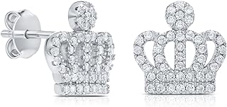 Push-Back Sterling Silver Crown Stud Earrings with Cubic Zirconia Gems for Women - Elegant Royal Design