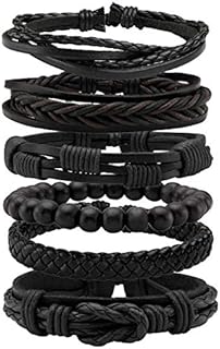 MILAKOO 6 Pcs Braided Leather Bracelet for Men Women Wooden Beaded Cuff Wrap Bracelet Adjustable