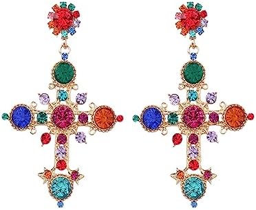 Lever Back Gold Cross Dangle Earrings with Rhinestone and Pearl Details for Women in a Drop Design - Elegant Alloy Party Jewelry Accessory