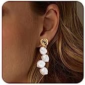 FUNEIA 14K Gold Plated Baroque Pearl Drop Earrings with French Wire Back Finding and Cubic Zirconia Accents, Elegant Dangle Design