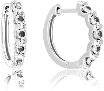1/10 cttw Black Diamond Hoop Earrings .925 Sterling Silver 10 Stone Prong 2/3 Inch