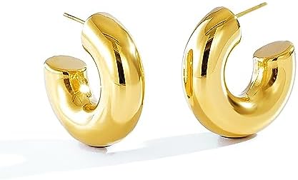 CONRAN KREMIX Chunky Gold Hoops Earrings for Women,Thick 18K Real Gold Circle Open Hoop,Lightweight Hollow Earrings For Women Trendy,Water Proof,Gold Jewelry