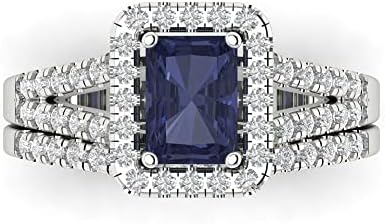 Clara Pucci 1.60ct Emerald Cut Halo Solitaire Blue Sapphire Simulant Engagement Promise Anniversary Bridal Ring Band set 18K White Gold