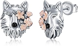 Sterling Silver Push-Back Wolf Stud Earrings for Women and Girls with Unique Floral Design