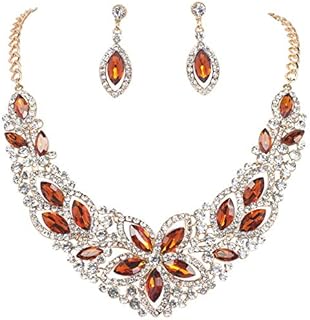 Firstmeet Women's Costume Necklace Crystal Teardrop Cluster Statement Necklace Dangle Earrings Set