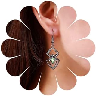Silver French Wire Back Earrings, Punk Emerald Spider Drop Design, with Green Crystal Embellishments for Women and Girls